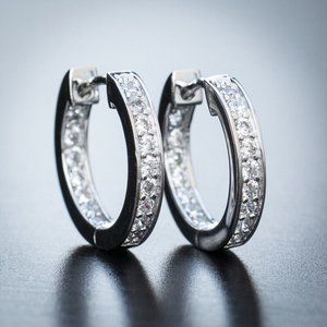 Men Women Iced Large White Gold Plated Hoop Sliver One Row Cz Earrings